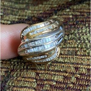 Solid 10K Gold 2-Toned  Luxurious Cluster Baguette Diamonds Dome Dinner Ring.